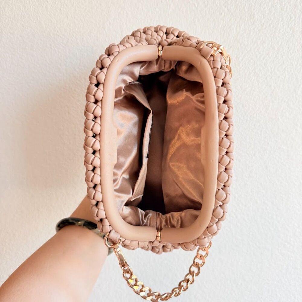 Olga Berg Everly Natural Handwoven Faux Leather Clutch with Gold Crossbody Chain - Picture 13 of 16